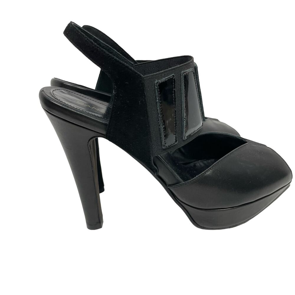 Dana Davis | Annie Black Leather Slingback Peep Toe Tall Heel Platform Sandals